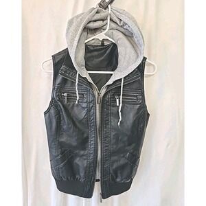 Vanity Hooded Leather Look Double Zip Vest Black/gray Juniors/teens M Y2K 90s